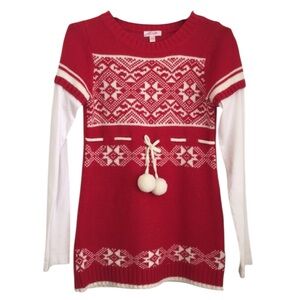 GRANE Girl’s Knit Sweater w/ Pom Poms in Red/White Size Large (see measurements)